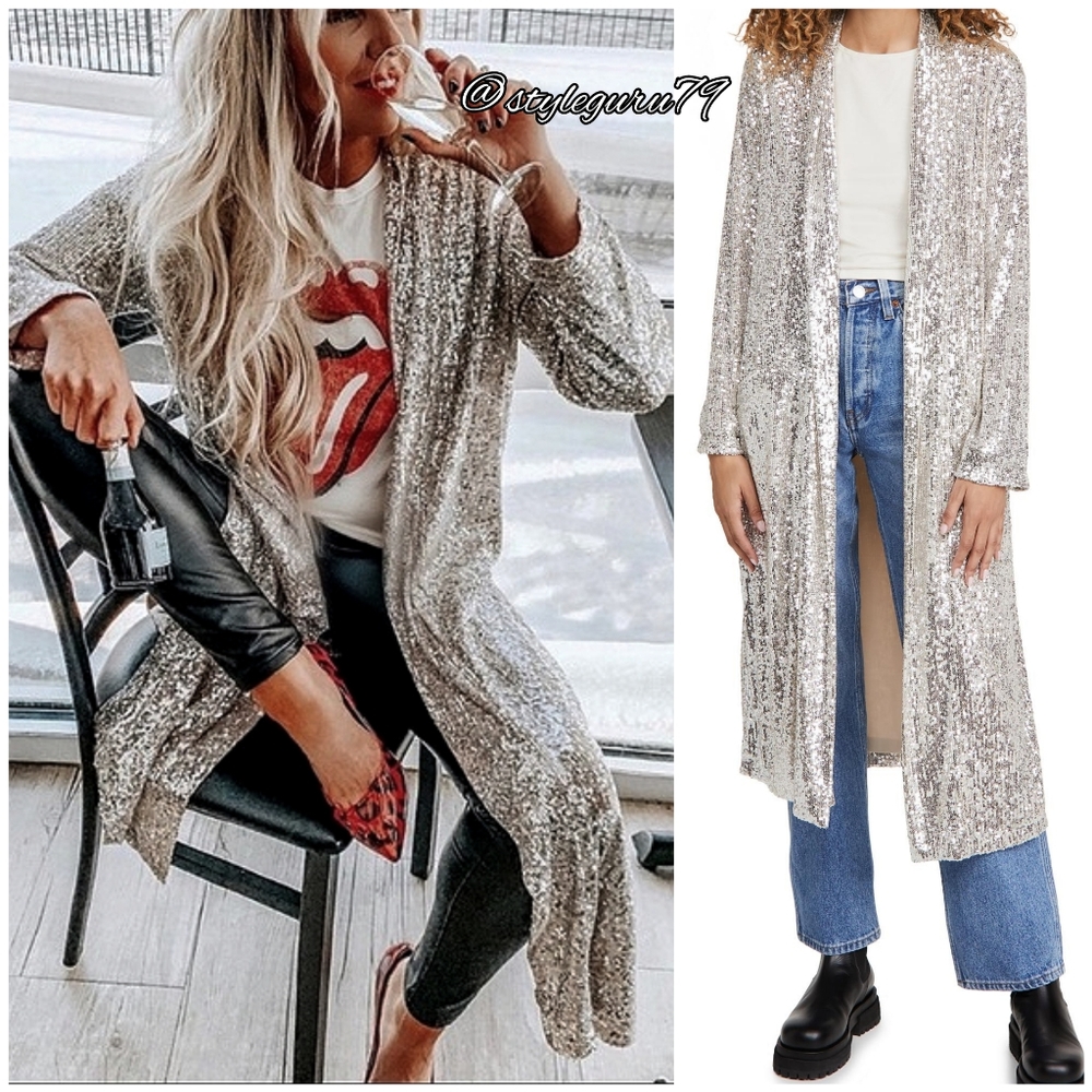 NWT, BB Dakota, Silver Sequin Oversized Duster Kimono Jacket